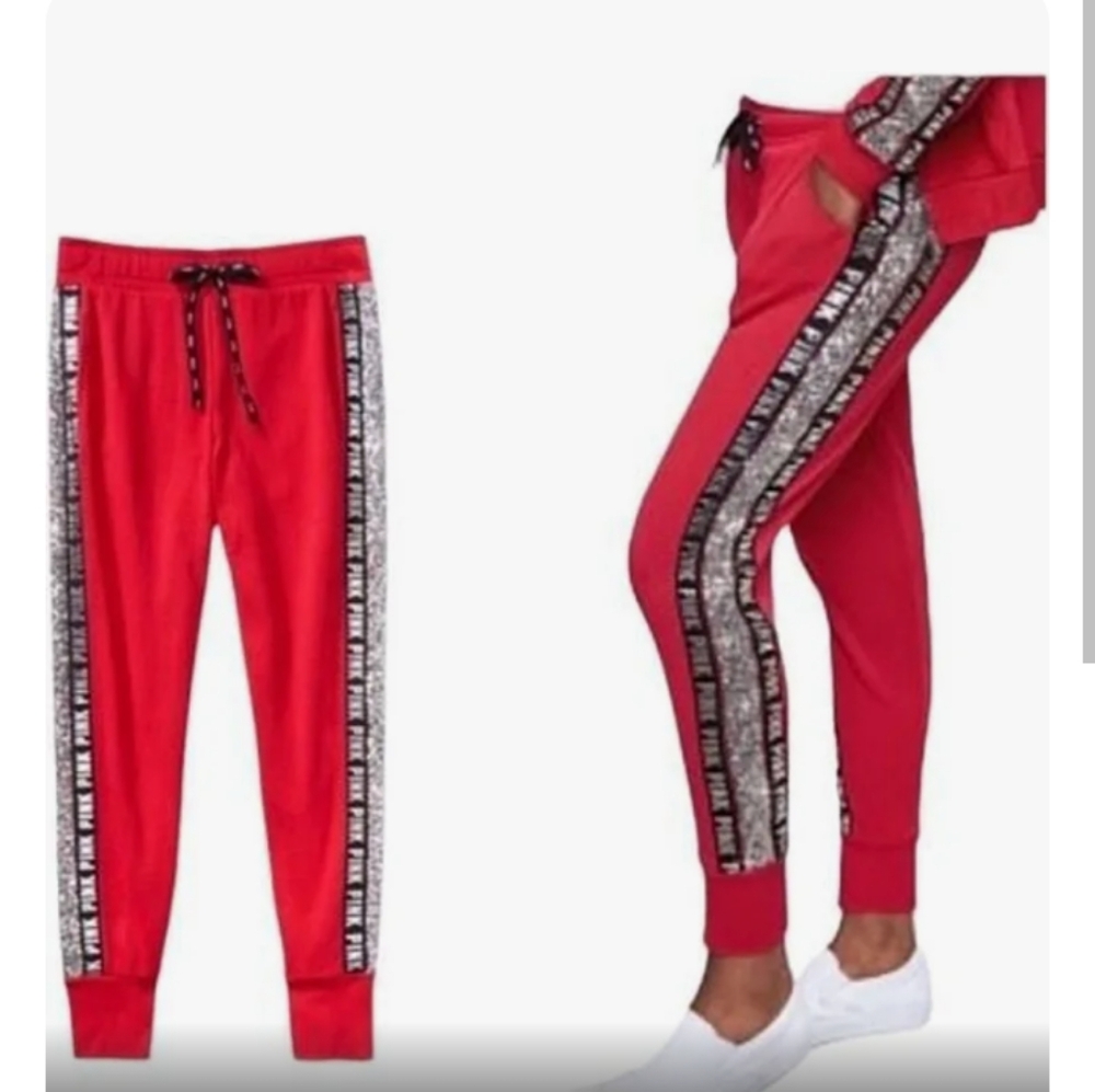 PINK VS Sequin Bling Skinny Joggers Red, Blk & Silver htf 😍🔥💎
